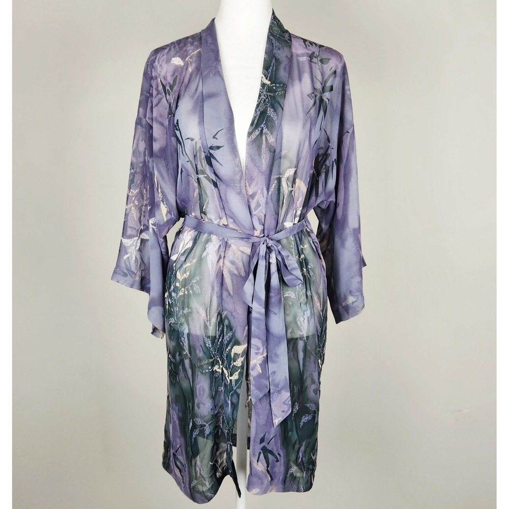 Inner Most Kimono Robe Women's M/L Purple Floral‎ Tie Waist Lightweight Sheer